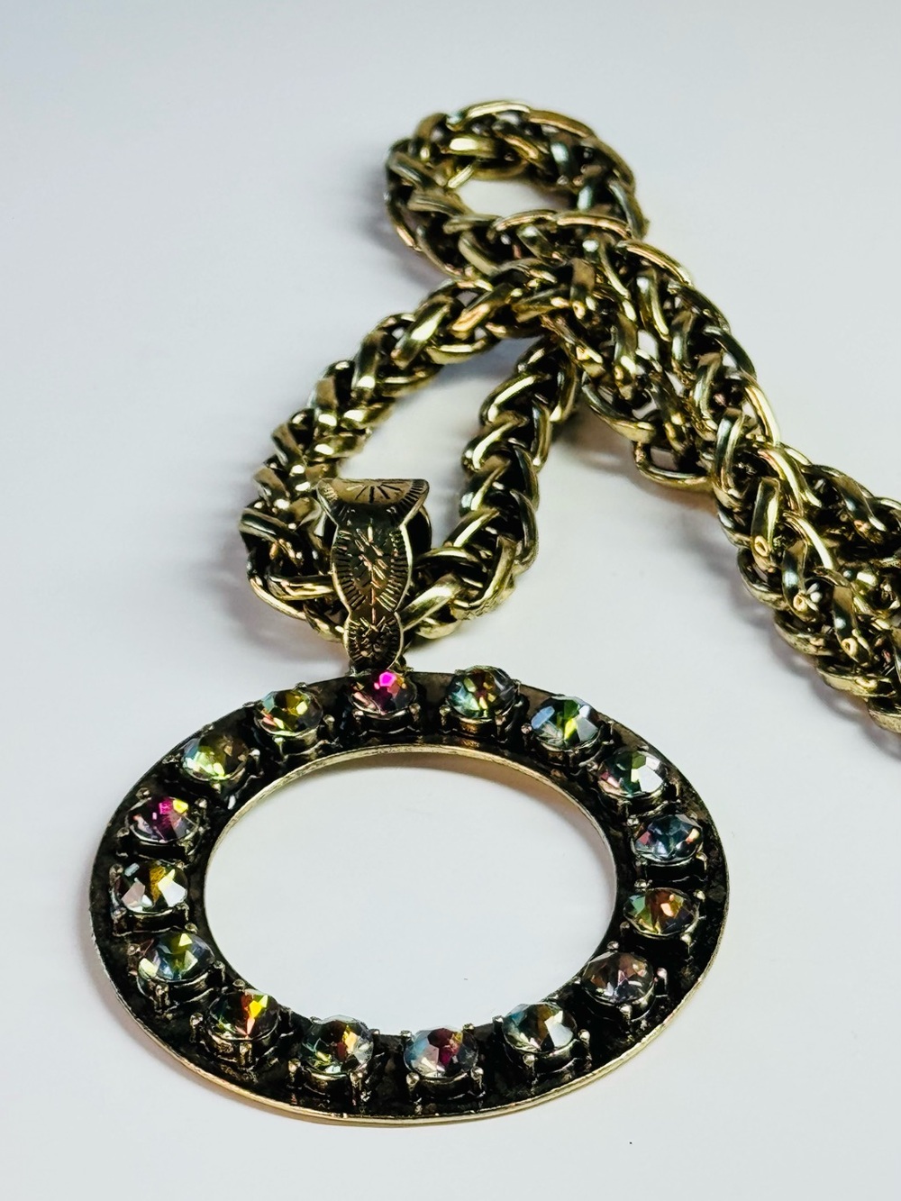 Ladies Antique Gold and Volcano AB Crystal Pendant Necklace